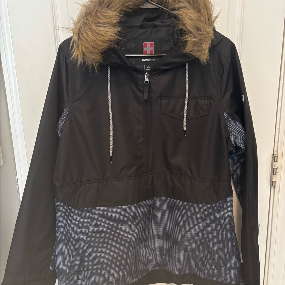 SwissTech Jacket Relaxed Fit 1/4 Zip Rain Windbreaker Faux Fur Hood Womens SizeM